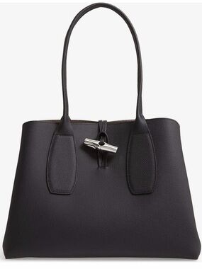 Longchamp Black Leather Tote with Silver-Tone Clasp